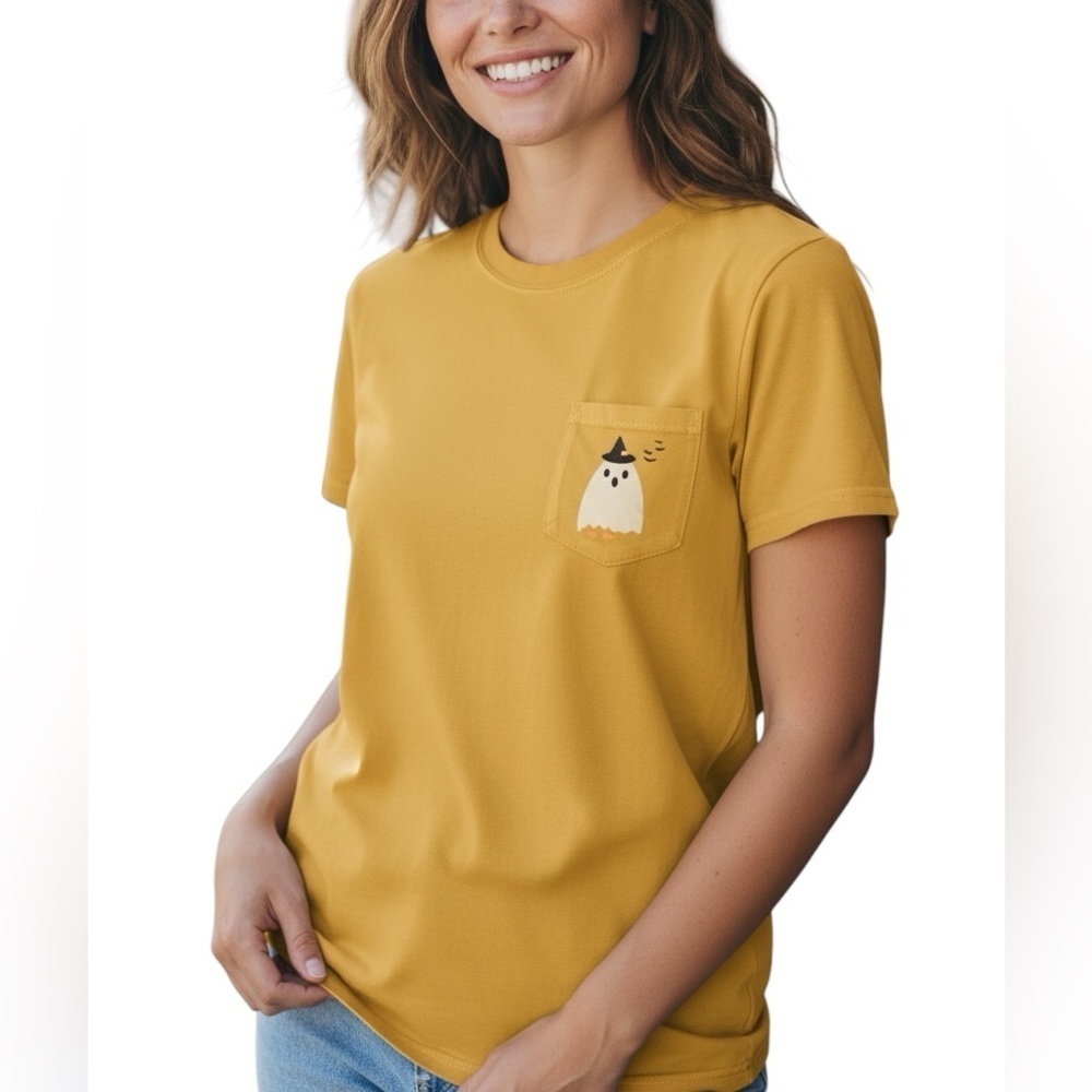 NWT HALLOWEENWomens Yellow Short Sleeve Pocket Tee Ghost Graphic Size S
